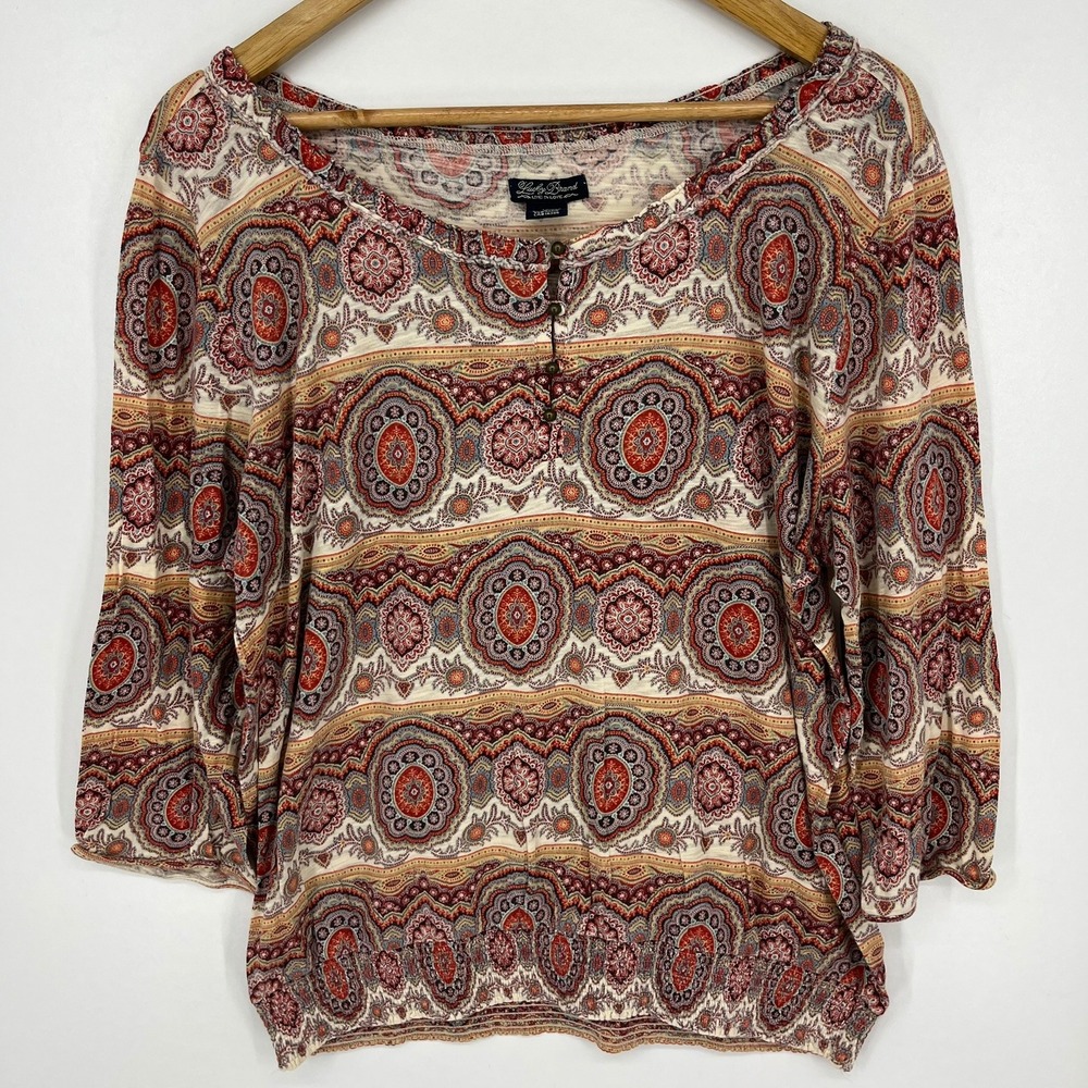 Lucky Brand Womens XL Red Paisley Medallion Smocked Hem Henley 3/4 Sleeve Top